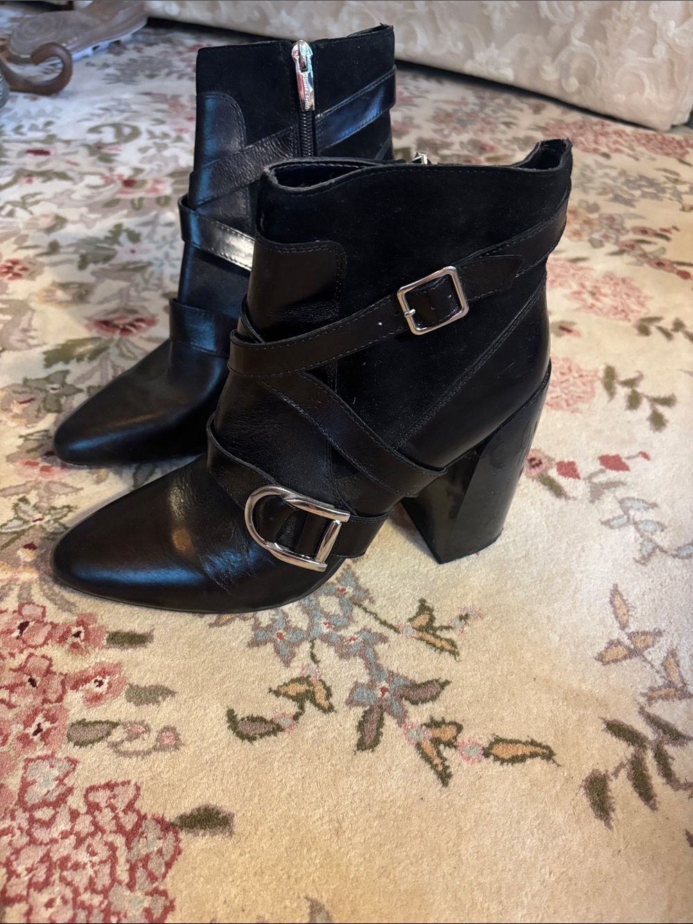 Vince Camuto Black Leather Upper Buckle Strap Ankle Boots